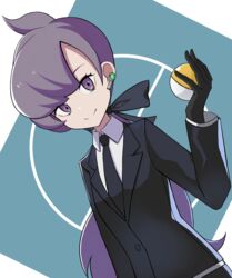  absurdres anabel_(pokemon) ball black_gloves black_jacket black_necktie closed_mouth collared_shirt commentary_request earpiece eyelashes female gloves hair_ribbon hand_up highres holding holding_ball jacket long_hair long_sleeves looking_at_viewer necktie pokemon pokemon_sm ponytail purple_eyes purple_hair ribbon shirt smile solo split_mouth white_shirt ziu 