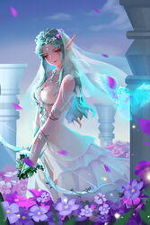  bird blue_hair bow bride colored_skin dress elf female flower gem highres jewelry night_elf_(warcraft) owl pink_skin pointy_ears sky spirit tyrande_whisperwind user_tzr7732 veil warcraft weapon wedding_dress white_dress world_of_warcraft 