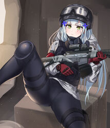  ass bad_id bad_pixiv_id beruko14 black_hair commentary drum_magazine english_commentary female girls&#039;_frontline glasses goggles goggles_on_headwear green_eyes gun hair_ornament helmet highres hk416_(fang)_(girls&#039;_frontline) hk416_(girls&#039;_frontline) holding holding_gun holding_weapon holster knee_pads leggings long_hair magazine_(weapon) military military_uniform p416 paid_reward_available rifle solo thigh_holster tom_clancy&#039;s_the_division uniform very_long_hair weapon 