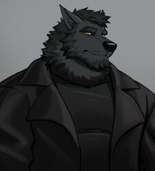  adios anthro black_body black_clothing black_fur black_jacket black_sweater black_topwear canid canine canis capcom chris_redfield clothing fur hi_res jacket male mammal muscular muscular_male mythological_canine mythological_creature mythology resident_evil solo sweater topwear were werecanid werecanine werewolf wolf yellow_eyes 