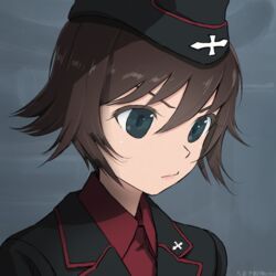  akagi_(fmttps) artist_name bangs black_headwear black_jacket blue_eyes brown_hair closed_mouth dress_shirt female garrison_cap girls_und_panzer hat insignia jacket kuromorimine_military_uniform light_frown looking_to_the_side mauko_(girls_und_panzer) military military_hat military_uniform portrait red_shirt shirt short_hair solo twitter_username uniform wing_collar 