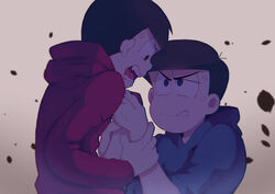  2boys absurdres angry blue_hoodie brothers fighting highres hood hoodie male_focus matsuno_karamatsu matsuno_osomatsu multiple_boys osomatsu-san osomatsu_(series) red_hoodie siblings sound_bell 