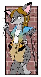  brick_wall canid canine canis domestic_cat electronics felid feline felis female fur grey_body grey_fur hybrid mammal microphone tabbiewolf tabbiewolf_(character) wall_(structure) wolf 