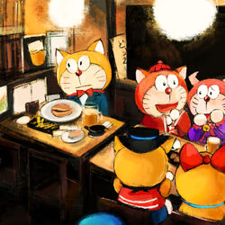  1:1 2022 alcohol anthro bar beer bell bent_arm beverage bow_ribbon bow_tie chair clothed clothing collar domestic_cat dora_the_kid doraemon doraemon_(character) dorami dorayaki el_matadora eye_contact felid feline felis front_view fur furniture glass group hat headgear headwear horn inside japanese_text lights looking_at_another machine male mammal mouth_closed mt_tg open_mouth orange_body orange_fur plate rear_view red_body red_fur red_nose robot shaded sitting suit table text the_doraemons tongue wang_dora whiskers white_body white_fur yellow_body yellow_ears yellow_fur 