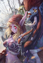  6+boys armor cloak colored_skin elf female highres hood hooded_cloak jay_xu multiple_boys multiple_others orc pink_skin pointy_ears red_eyes shoulder_armor spikes sylvanas_windrunner troll_(warcraft) undead warcraft weapon world_of_warcraft 