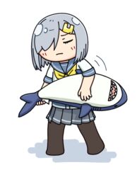  black_pantyhose closed_eyes commentary_request female full_body grey_hair grey_sailor_collar grey_skirt hair_ornament hair_over_one_eye hairclip hama!_(3toshinhmkz) hamakaze_(kancolle) kantai_collection neckerchief no_nose pantyhose pleated_skirt sailor_collar school_uniform serafuku short_hair simple_background skirt solo standing stuffed_animal stuffed_shark stuffed_toy unconventional_guitar white_background yellow_neckerchief 