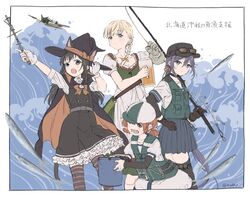  4girls aircraft akebono_(kancolle) akebono_(saury_festival)_(kancolle) akebono_kai_ni_(kancolle) alcohol animal_ears asashio_(kancolle) asashio_kai_ni_(kancolle) beer_mug bell black_dress black_hair black_headwear black_thighhighs blue_skirt braid closed_mouth cup dirndl dress eyewear_on_headwear fish fishing_rod frilled_dress frills german_clothes gloves hair_ribbon halloween_costume hat holding holding_cup jingle_bell kaiboukan_no._4_(kancolle) kantai_collection kokko_(014kko) long_hair mug multiple_girls official_alternate_costume open_mouth pinafore_dress pleated_skirt ponytail purple_hair ribbon sailor_collar sailor_dress school_uniform serafuku shin&#039;you_(kancolle) short_sleeves side_ponytail single_braid skirt sleeveless sleeveless_dress striped_clothes striped_thighhighs thighhighs twitter_username vest water white_dress witch_hat 