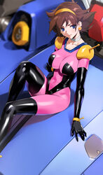  absurdres blue_eyes bodysuit breasts brown_hair closed_mouth collar collarbone commentary_request earrings female g_gundam gloves gundam hair_between_eyes hairband highres jewelry lips medium_breasts mobile_trace_suit rain_mikamura shadow shiny_skin short_hair shoulder_pads simple_background sitting skin_tight solo yd_(orange_maru) yellow_hairband 