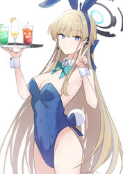  alcohol animal_ears aqua_bow aqua_bowtie blonde_hair blue_archive blue_eyes blue_hair blue_halo blue_leotard bow bowtie breasts cleavage commentary_request cup detached_collar drinking_glass fake_animal_ears fake_tail female halo headset highleg highleg_leotard highres holding kiyakyuu leotard long_hair looking_at_viewer medium_breasts multicolored_hair official_alternate_costume playboy_bunny rabbit_ears rabbit_tail simple_background solo strapless strapless_leotard tail toki_(blue_archive) toki_(bunny)_(blue_archive) two-tone_hair v very_long_hair white_background 