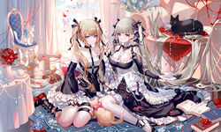  2girls absurdres azur_lane black_cat black_dress black_ribbon blonde_hair blue_eyes book bow breasts chair commentary_request crossover cup dead_or_alive dead_or_alive_5 detached_sleeves dress feline flower formidable_(azur_lane) frilled_sleeves frills grey_hair hair_ribbon highres indoors large_breasts long_sleeves looking_at_viewer marie_rose multiple_girls pantyhose pink_bow red_eyes red_flower red_rose ribbon rose sheya teacup thigh_strap twintails white_cat white_pantyhose wide_sleeves window 