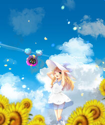  blonde_hair blush braid cloud commentary_request cosmog day dress female flower green_eyes hands_on_headwear hat highres lillie_(pokemon) long_hair one_eye_closed open_mouth ore_(pink2521) outdoors petals pokemon pokemon_(creature) pokemon_sm sky sleeveless sleeveless_dress smile socks sun_hat sunflower twin_braids white_dress white_headwear 