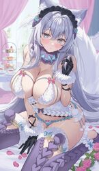  animal_ears aqua_bikini aqua_bow aqua_bowtie aqua_eyes bad_id bad_twitter_id bare_shoulders bikini black_scrunchie blush bow bowtie breasts cake female flower food fur_bra fur_collar fur_trim hair_between_eyes hair_ornament hair_scrunchie highres indoors large_breasts light_purple_hair long_hair looking_at_viewer navel on_bed original playing_with_hair purple_thighhighs rose scrunchie sg_(satoumogumogu) shion_alfine_(satoumogumogu) sidelocks sitting solo sweat swimsuit tail thighhighs thighs twirling_hair wariza white_fur window 