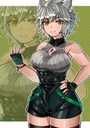  absurdres animal_ears breasts cat_ears cat_girl chest_jewel clothing_cutout core_crystal_(xenoblade) crystal diamond_cutout female fingerless_gloves gloves high-waist_shorts highres large_breasts looking_at_viewer messy_hair na&#039;el_(xenoblade) oniisan02b romper short_hair short_shorts shorts simple_background solo thighhighs thighs xenoblade_chronicles_(series) xenoblade_chronicles_3 xenoblade_chronicles_3:_future_redeemed yellow_eyes 