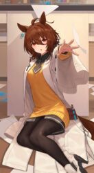  :o agnes_tachyon_(umamusume) ahoge animal_ears bad_link black_shirt boots brown_hair brown_pantyhose buttons chorefuji collared_shirt commentary_request female hair_between_eyes high_heel_boots high_heels horse_ears horse_girl indoors lab_coat looking_at_viewer medium_hair necktie outstretched_hand pantyhose paper raised_eyebrows shirt short_necktie sitting solo sweater umamusume vial white_footwear yellow_sweater 