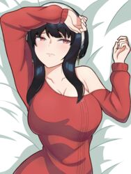  arm_over_head bed_sheet black_bitou black_hair blush breasts closed_mouth dress earrings female gold_earrings hairband highres jewelry large_breasts long_hair looking_away looking_to_the_side lying off-shoulder_sweater off_shoulder on_back raised_eyebrows red_eyes red_sweater sidelocks single_bare_shoulder solo spy_x_family sweater sweater_dress upper_body white_hairband yor_briar 