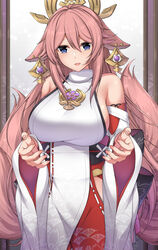  :d animal_ears bare_shoulders blue_eyes blush breasts commentary cowboy_shot detached_sleeves english_commentary female fox_ears fox_tail genshin_impact hair_between_eyes highres hip_vent large_breasts long_hair long_sleeves looking_at_viewer multiple_tails nontraditional_miko pink_hair red_skirt sheita shirt sidelocks skirt sleeveless sleeveless_shirt smile solo standing tail very_long_hair white_shirt yae_miko 