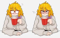  bad_id bad_twitter_id bags_under_eyes bespectacled blonde_hair bow braid breasts coffee_mug commentary cookie_(touhou) cup female fogged_glasses glasses grey_sweater hairbow kirisame_marisa large_breasts long_hair looking_down mars_(cookie) mug ohasi open_mouth purple_bow red-framed_eyewear side_braid simple_background single_braid steam sweater touhou upper_body white_background 