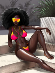  afro arm_support artist_name bare_arms bare_legs bare_shoulders barefoot big_hair black_hair breasts breasts_apart closed_mouth collarbone commentary dark-skinned_female dark_skin day derivative_work english_commentary facing_viewer female gradient_clothes highres knee_up large_breasts leaning_back light-skinned_soles lips long_hair lulu-chan92 multicolored_clothes navel orange-tinted_eyewear original outdoors over-rim_eyewear photo-referenced plant potted_plant semi-rimless_eyewear shiny_skin sitting sitting_on_stairs solo stairs stomach sunglasses sunlight thighs tinted_eyewear very_dark_skin watermark web_address 