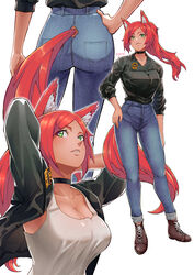  absurdres animal_ears arms_behind_head black_jacket breasts brown_footwear closed_jacket commission denim female fox_ears fox_girl fox_tail full_body green_eyes hand_on_own_hip highres jacket jeans large_breasts long_hair multiple_views open_clothes open_jacket original pants red_hair tail tail_through_clothes tank_top upper_body white_tank_top you_nf 