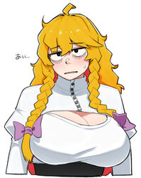  ahoge alternate_eye_color bad_id bad_twitter_id bags_under_eyes black_eyes blonde_hair bow braid breasts cleavage cleavage_cutout clothing_cutout commentary cookie_(touhou) cropped_torso female hairbow juliet_sleeves kirisame_marisa large_breasts long_hair long_sleeves looking_at_viewer mars_(cookie) ohasi open_mouth puffy_sleeves purple_bow shirt side_braids simple_background solo touhou twin_braids upper_body white_background white_shirt 