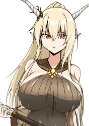  absurdres arknights bare_shoulders blonde_hair breasts brown_dress commentary_request dress female hair_between_eyes highres horns large_breasts long_hair looking_at_viewer official_alternate_costume parted_lips pointy_ears red_eyes shining_(arknights) shining_(silent_night)_(arknights) simple_background solo upper_body white_background white_horns xibu_cai 