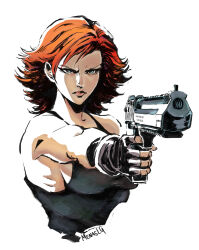  absurdres angry bare_shoulders blue_eyes breasts desert_eagle female fingerless_gloves flipped_hair gloves gun handgun highres holding holding_gun holding_weapon large_breasts menaslg meryl_silverburgh metal_gear_(series) metal_gear_solid no_bra perspective red_hair short_hair sideboob signature solo tank_top weapon white_background 