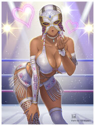  bikini bikini_top_only blowing_kiss bow breasts butterfly_mask choker cleavage closed_eyes dark-skinned_female dark_skin dead_or_alive dress hand_on_own_knee highres la_mariposa large_breasts lisa_hamilton luchador_mask mask swimsuit thighhighs tomo_eokaiteru white_bikini white_dress white_thighhighs wrestling_outfit wrestling_ring 