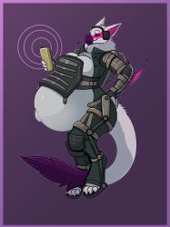  2026 4_toes anthro bastiel beak belly big_belly breasts capcom digital_drawing_(artwork) digital_media_(artwork) dipstick_tail electronics english_description feet female flying_wyvern fur hand_on_butt hand_on_own_butt hi_res holding_object huge_belly humanoid_hands hyper hyper_belly hyper_pregnancy markings mayternity mayternity_2026 monster_hunter nargacuga navel outie_navel pregnant pregnant_female purple_background purple_beak purple_tail_tip radio simple_background solo tail tail_markings toes white_body white_fur 