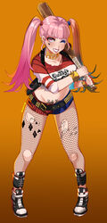  absurdres baseball_bat belt black_belt black_footwear blue_eyeshadow body_writing bracelet ceroccb choker collarbone colored_tips commentary cosplay crop_top dc_comics ear_piercing eyeshadow female fire_emblem fire_emblem:_three_houses fishnet_pantyhose fishnets full_body gradient_background grin groin harley_quinn harley_quinn_(cosplay) highres hilda_valentine_goneril holding holding_baseball_bat jewelry lipstick long_hair looking_at_viewer makeup micro_shorts midriff multicolored_hair one_eye_closed orange_background pantyhose piercing pink_eyes pink_hair pubic_tattoo red_eyeshadow red_lips red_shorts shoes shorts smile solo spiked_bracelet spikes standing stomach suicide_squad tally tattoo teeth torn_clothes torn_pantyhose twintails white_choker 