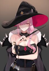  absurdres bare_shoulders black_cape black_gloves black_headwear black_nails bracelet braid breasts cape cleavage female fingernails gloves gradient_background hair_ornament hair_over_one_eye hat highres hololive hololive_english jewelry landacdeus large_breasts long_fingernails mama_mori pink_hair red_eyes side_braid side_ponytail signature single_glove skull_hair_ornament smile wand witch_hat 