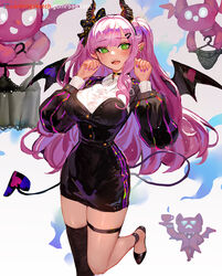  adapted_costume black_bow black_dress black_footwear black_panties black_thighhighs blunt_bangs blush bow breasts camisole canking clothes_hanger creature cup demon_girl demon_horns demon_tail demon_wings dress ear_piercing female green_eyes hair_ornament hairbow hairclip hands_up horns large_breasts leg_up long_hair long_sleeves looking_at_viewer nail_polish open_mouth original panties piercing pink_hair pointy_ears puffy_long_sleeves puffy_sleeves purple_nails rizu-kyun simple_background single_thighhigh solo sono_bisque_doll_wa_koi_wo_suru standing standing_on_one_leg tail teeth thigh_strap thighhighs underwear upper_teeth_only white_background wings 