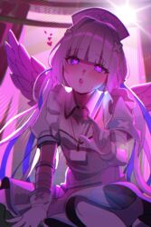  absurdres amane_kanata amane_kanata_(nurse) angel_wings blue_hair blunt_bangs blush colored_inner_hair dress female gloves grey_hair hat heart heart-shaped_pupils highres holding holding_syringe hololive id_card jiki_(gkdlfnzo1245) korean_commentary lens_flare long_hair looking_at_viewer multicolored_hair name_tag nurse nurse_cap official_alternate_hair_length official_alternate_hairstyle open_mouth purple_eyes purple_hair purple_theme single_hair_intake solo streaked_hair symbol-shaped_pupils syringe two-tone_hair virtual_youtuber white_dress white_gloves wings 