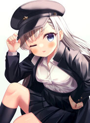  ;p absurdres arm_up black_hat black_jacket black_skirt black_socks blue_eyes blush braid braided_bangs breasts closed_mouth collared_shirt commentary_request dress_shirt female grey_hair hand_on_headwear hat highres hisakawa_hayate idolmaster idolmaster_cinderella_girls jacket kneehighs long_hair long_sleeves one_eye_closed open_clothes open_jacket peaked_cap pleated_skirt shirt simple_background skirt small_breasts smile socks solo tongue tongue_out v-shaped_eyebrows white_background white_shirt yata_(yatao_zzz) 