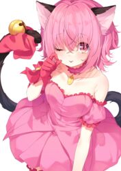  ;p animal_ears bell breasts cat_ears cat_girl cat_tail chiyonekoko choker commentary cowboy_shot detached_sleeves dress female frilled_dress frills gloves hair_between_eyes hand_up highres jingle_bell long_hair looking_at_viewer magical_girl mew_ichigo momomiya_ichigo one_eye_closed pink_choker pink_dress pink_eyes pink_hair red_gloves red_ribbon ribbon short_sleeves simple_background solo strapless strapless_dress tail tail_bell tail_ornament tail_raised tail_ribbon tokyo_mew_mew tongue tongue_out white_background 