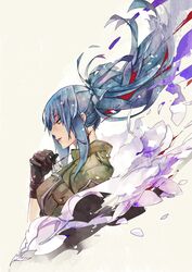  black_gloves blood blue_eyes blue_hair commentary_request dog_tags female gloves green_jacket highres ian_olympia ikari_warriors jacket leona_heidern md5_mismatch military ponytail portrait resolution_mismatch smoke smoke_trail snk soldier solo source_smaller the_king_of_fighters 