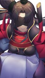  armor black_hair blindfold breasts fate/grand_order fate_(series) female hair_bun hat highres japanese_armor katana large_breasts long_hair mask_on_shoulder parted_bangs pinta_(ayashii_bochi) revision side_ponytail sidelocks single_hair_bun single_side_bun smile solo sword taira_no_kagekiyo_(fate) tate_eboshi ushiwakamaru_(fate) very_long_hair weapon 