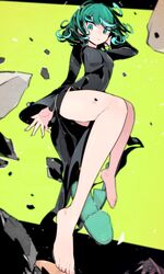  bad_id bad_twitter_id bare_legs barefoot black_dress breasts closed_mouth commentary curly_hair dress expressionless feet female floating floating_rock full_body green_background green_eyes green_footwear green_hair hand_in_own_hair highres idkuroi legs long_sleeves looking_at_viewer medium_breasts medium_hair nail_polish one-punch_man pelvic_curtain petite rock simple_background slippers solo tatsumaki thighs toenail_polish toenails toes unworn_slippers 