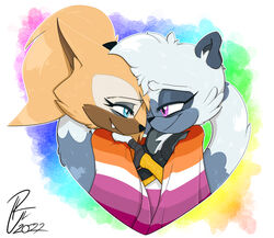  2022 anthro bangs blue_eyes canid canine canis clothed clothing duo female female/female flag fluffy fully_clothed fur hair happy heart_symbol hug idw_publishing lemur lesbian_pride_colors lgbt_pride long_hair long_tail looking_at_another love loving_gaze mammal orange_lesbian_pride_colors ponytail pride_colors primate purple_eyes r.nemrick rainbow rainbow_background ring-tailed_lemur romantic romantic_ambiance romantic_couple sega simple_background smile sonic_the_hedgehog_(comics) sonic_the_hedgehog_(idw) sonic_the_hedgehog_(series) strepsirrhine tail tan_body tan_fur tangle_the_lemur wearing_flag whisper_the_wolf white_body white_fur wolf 