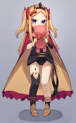  abigail_williams_(fate) asymmetrical_legwear asymmetrical_sleeves black_dress black_socks black_thighhighs blonde_hair blue_eyes blush bow breasts cloak cosplay covering_own_mouth dress earrings ereshkigal_(fate) ereshkigal_(fate)_(cosplay) fate/grand_order fate_(series) female forehead full_body gold_trim grey_background hairbow highres hood hood_down hooded_cloak hoop_earrings jewelry long_hair long_sleeves looking_at_viewer miya_(miyaruta) orange_bow parted_bangs pigeon-toed red_bow red_cloak simple_background single_sleeve single_sock single_thighhigh small_breasts socks solo stuffed_animal stuffed_toy teddy_bear thighhighs tiara tsurime two-sided_cloak two-sided_fabric two_side_up uneven_legwear yellow_cloak 