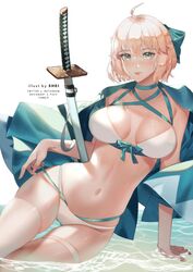  ahoge bikini blonde_hair blush bow breasts cleavage commentary deviantart_username english_commentary fate/grand_order fate_(series) female green_eyes hair_between_eyes hairbow haori highres holding holding_sword holding_weapon japanese_clothes katana lips multi-strapped_bikini okita_j._souji_(fate) okita_j._souji_(third_ascension)_(fate) okita_souji_(fate) pixiv_username shei99 short_hair sitting swimsuit sword thighs water weapon wet white_background 