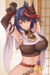  absurdres armpits asagiri_ai bird_mask black_hair breasts commentary crop_top female genshin_impact gloves hair_between_eyes highres kujou_sara large_breasts long_sleeves looking_at_viewer mask mask_on_head no_mask restrained short_hair solo 