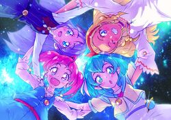  4girls :d :o amamiya_elena blonde_hair blue_eyes blue_hair blue_sailor_collar bow bow_hairband bowtie bun_cover choker collarbone dress from_below grin hagoromo_lala hairband hairbow highres hoshina_hikaru kaguya_madoka kyoutsuugengo leaning_forward long_hair long_sleeves looking_at_viewer medium_hair multiple_girls one_eye_closed open_mouth pink_shirt pointy_ears precure purple_choker purple_hair red_bow red_bowtie red_hair red_hairband sailor_collar shirt short_sleeves sky smile star_(sky) star_twinkle_precure starry_sky twintails white_dress 