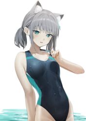  absurdres animal_ear_fluff animal_ears black_one-piece_swimsuit blue_archive blue_eyes competition_swimsuit cross cross_hair_ornament extra_ears female grey_hair hair_ornament halo highleg highleg_swimsuit highres hiiragi_mikoto inverted_cross looking_at_viewer low_ponytail mismatched_pupils multicolored_clothes multicolored_swimsuit official_alternate_costume one-piece_swimsuit ponytail shiroko_(blue_archive) shiroko_(swimsuit)_(blue_archive) smile solo swimsuit two-tone_swimsuit wolf_ears 