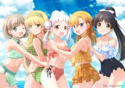  5girls :d ;d aqua_bikini arashi_chisato ass bare_arms bare_shoulders bikini bikini_skirt black_hair black_one-piece_swimsuit blonde_hair blue_eyes blue_one-piece_swimsuit blue_sky blunt_bangs blush bow breasts casual_one-piece_swimsuit cleavage cleavage_cutout closed_mouth clothing_cutout cloud collarbone commentary covered_navel cowboy_shot cross-laced_bikini cross-laced_clothes double_bun floral_print flower_knot frilled_bikini frilled_one-piece_swimsuit frills green_bikini green_eyes green_hairband grey_hair hair_behind_ear hair_between_eyes hair_bun hair_ornament hair_scrunchie hairband hairbow halterneck hand_on_another&#039;s_shoulder hands_up hazuki_ren heanna_sumire high_ponytail highres horizon light_particles long_hair looking_at_viewer looking_to_the_side love_live! love_live!_superstar!! medium_breasts medium_hair multicolored_bikini multicolored_clothes multicolored_hair multiple_girls musashiya_chougenbou navel ocean off-shoulder_bikini off-shoulder_one-piece_swimsuit off_shoulder one-piece_swimsuit one_eye_closed open_mouth orange_bikini orange_hair outdoors outstretched_arms pink_hair plaid plaid_bikini plaid_hairband ponytail print_bikini print_swimsuit purple_eyes red_bikini red_eyes red_scrunchie scrunchie shibuya_kanon short_hair side-tie_bikini_bottom sky smile sparkle standing stomach streaked_hair sunlight swept_bangs swimsuit tang_keke tankini teeth tribal_print twintails twitter_username two-tone_hair two-tone_swimsuit upper_teeth_only water white_bow white_hair yellow_eyes 