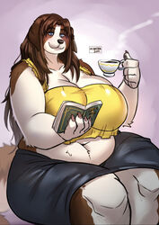  2022 anthro belly belly_overhang beverage big_breasts black_bottomwear black_clothing black_skirt blue_eyes book bottomwear breasts camisole canid canine canis cleavage clothed clothing container cup curvy_figure deep_navel domestic_dog female floppy_ears hi_res huge_breasts mammal mature_female midriff molosser mountain_dog navel ocaritna open_book overweight overweight_anthro overweight_female reading saint_bernard sitting skirt solo steam tea_cup thick_thighs voluptuous vreneli_liljedahl yellow_camisole 