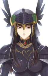  armor black_armor black_hair breastplate closed_mouth feathers female helmet highres hrist_valkyrie long_hair murata_tefu simple_background solo valkyrie_profile_(series) white_background 