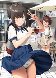  2girls ;) black_ribbon blue_skirt blurry blurry_background blush brown_hair brown_skirt camera cardboard_cutout clothes_writing collared_shirt commentary_request cowboy_shot fubuki_(kancolle) green_eyes hand_up highres holding holding_camera ichikawa_feesu inagi_(kancolle) kantai_collection looking_at_viewer medium_hair multiple_girls official_alternate_costume one_eye_closed outdoors panties pantyshot ponytail ribbon shikinami_(kancolle) shirt shirt_tucked_in short_ponytail skirt smile tile_floor tiles translated underwear w white_panties white_shirt wind wind_lift 