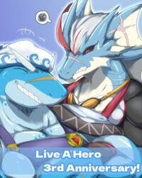  4:5 angry anthro bandana blue_body clothing dragon duo eyewear fish goggles grin hair hydoor isaribi kerchief lifewonders live_a_hero male marine muscular muscular_anthro muscular_male mythological_creature mythological_scalie mythology overalls pecs red_eyes scalie scar shark sharp_teeth skdr49 smile teeth white_hair 