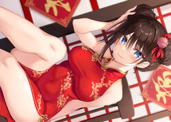  bare_arms bare_shoulders blue_eyes blurry boku_no_kanojo_sensei breasts brown_hair chair china_dress chinese_clothes closed_mouth commentary covered_navel depth_of_field double_bun dress dutch_angle female fujiki_maka gold_trim hair_bun hair_ornament hair_ribbon hand_up impossible_clothes impossible_dress large_breasts long_hair looking_at_viewer no_panties oryo_(oryo04) pelvic_curtain print_dress red_dress ribbon sitting sleeveless sleeveless_dress smile solo taut_clothes taut_dress thighs 