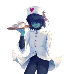  1other aamakuruu androgynous blue_bodysuit blue_hair blue_skin bodysuit colored_skin commentary_request cup deltarune hair_over_eyes hat highres holding holding_tray kris_(deltarune) nurse nurse_cap open_mouth ponytail shaded_face short_hair skinny smile solo teacup teapot teenage torso tray white_background wind wind_lift 